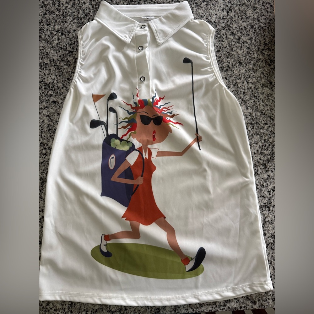 White Sleeveless Golf Shirt with Cartoon Print